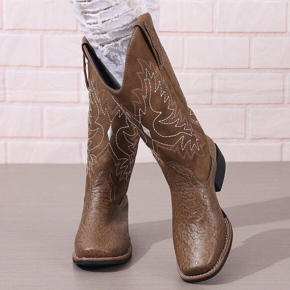 Women's Brown Mid Calf Western Cowgirl Boot Snip Toe Chunky Heel Calf High Boots - Picture 2 of 8